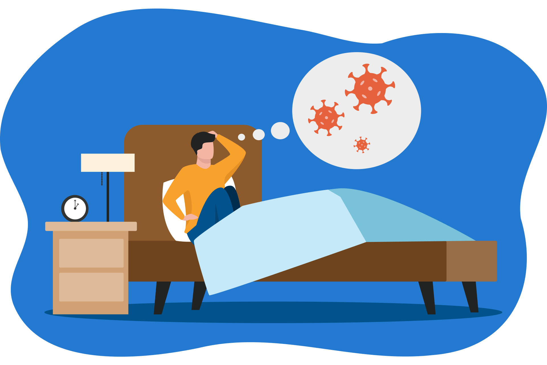 Ilustação de uma pessoa sentada na cama, pensando em virus
